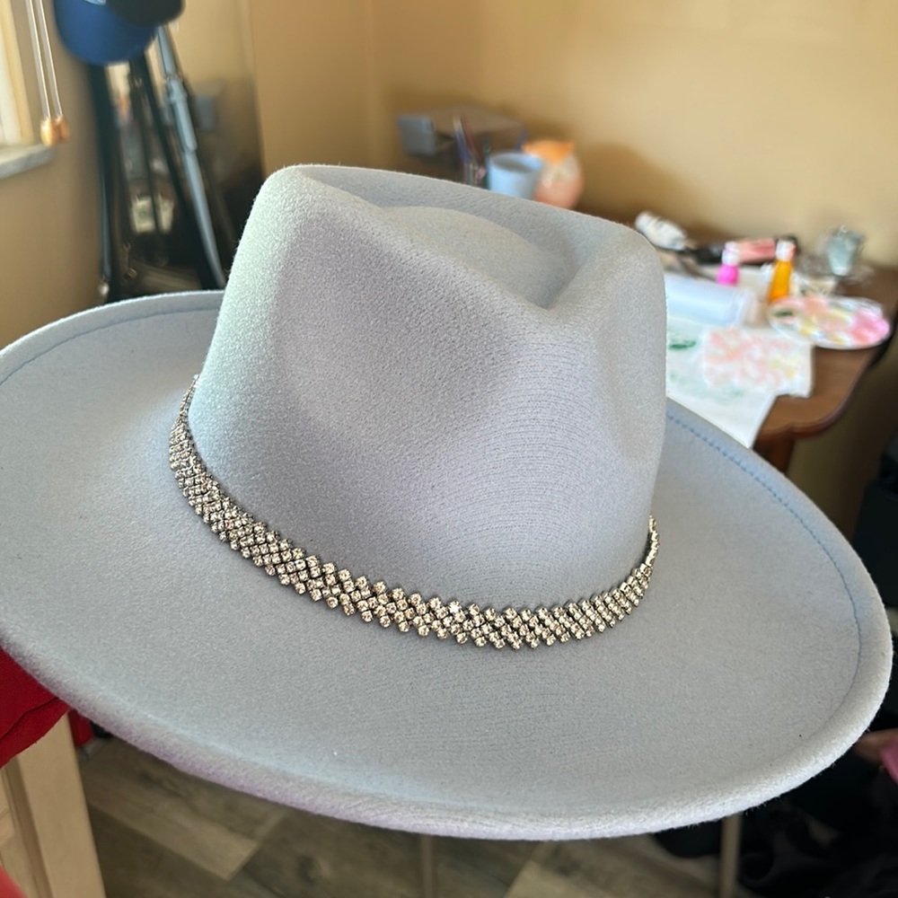 Baby blue rhinestone brim hat